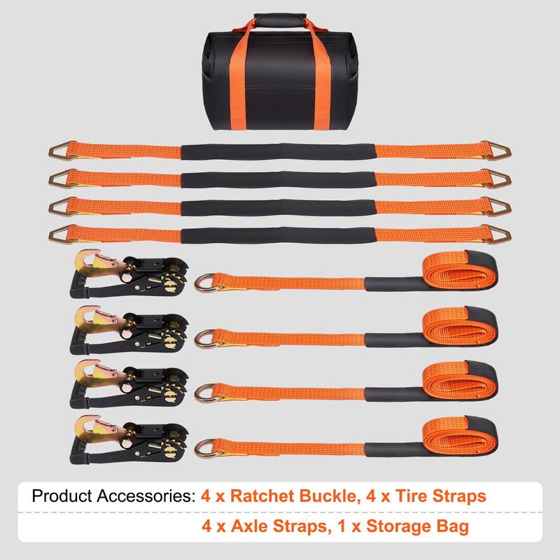 Ratchet Tie Down Straps Kit, Lasso Style 2" x 120" Tire Straps, 11023 LBS Breaking Strength, for Passenger Car, Truck, 4-Pack