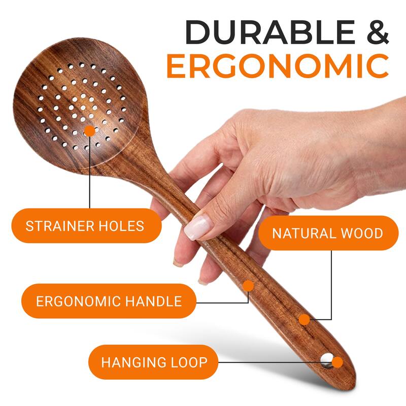 Cheer Collection Teak Wood Strainer Spoon with Drain Holes and Hanging Loop