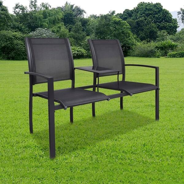 slide 2 of 7, vidaXL 2 Seater Patio Bench 51.6" Steel and Textilene Black - 51.6" x 24.4" x 36.2"