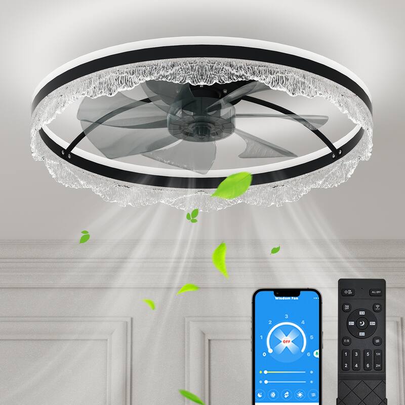 LunaDrift 16"20"24" Modern Black Crystal Smart Flush Mounted Ceiling Fan with Light, Dimmable Bedroom Ceiling Fan w/Remote - 24in.
