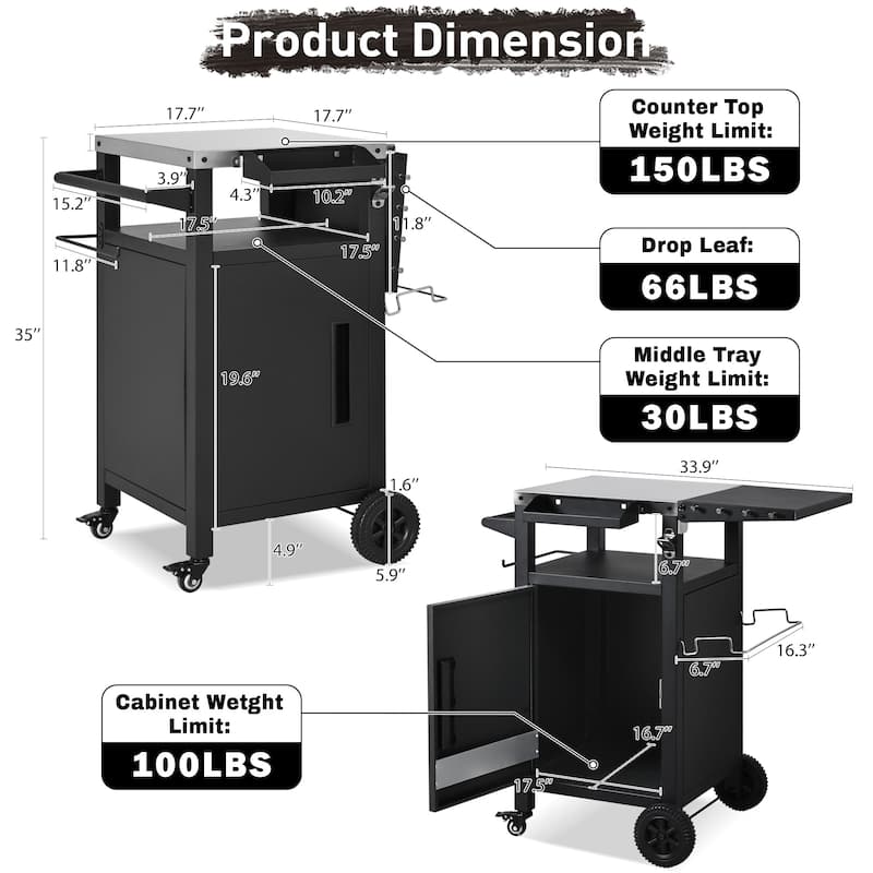 33.9"Outdoor Grill Cart with Drop Leaf,Metal Bar Cart Pizza Oven Table with Wheels,with Storage Cabinet & Spice & Paper Rack