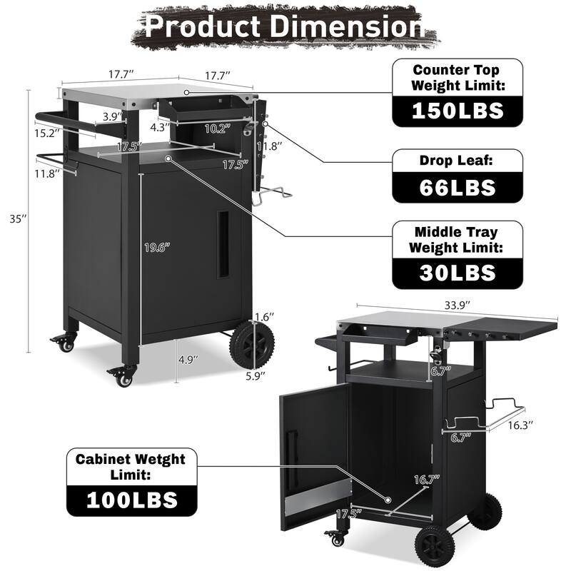 34" Outdoor Grill Cart with Stainless Steel Top, Drop Leaf & Pizza Oven Table