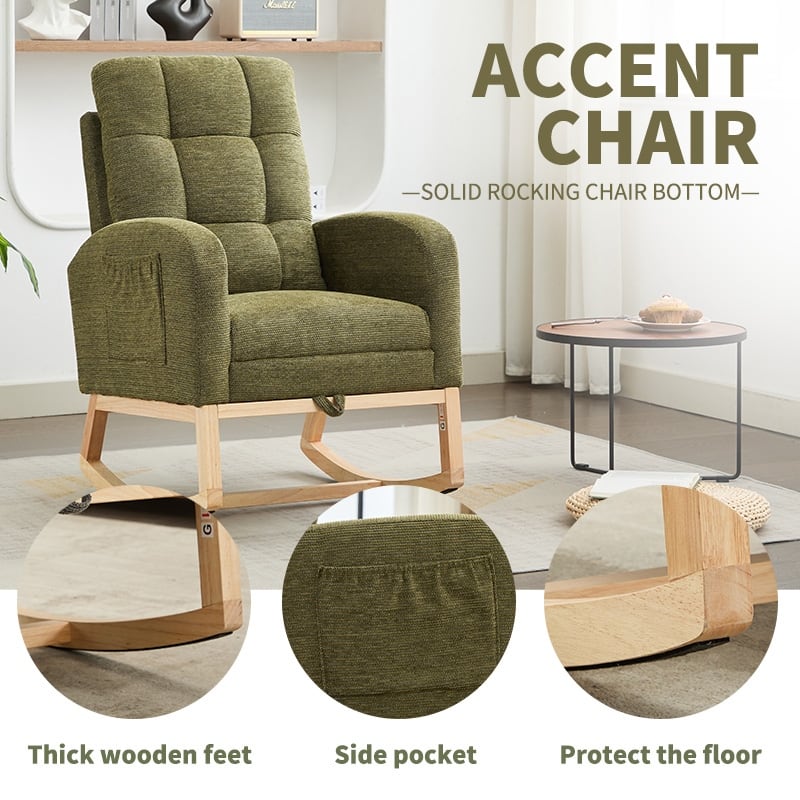 Modern Accent Rocking Chair Solid Wood Legs Adjustable Footrest Side Pocket High Backrest Living Room