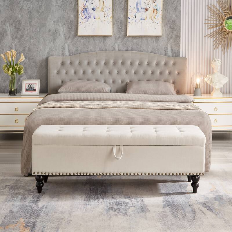Soft Fabric Upholstery Storage Bench with Solid Wood Legs and Bronze Nails