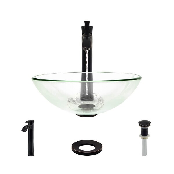 Rene R5-5001-CRY-R9-7006 16-1/2" Glass Vessel Bathroom Sink with Vessel Faucet, Sink Ring, and Vessel Pop-Up Drain