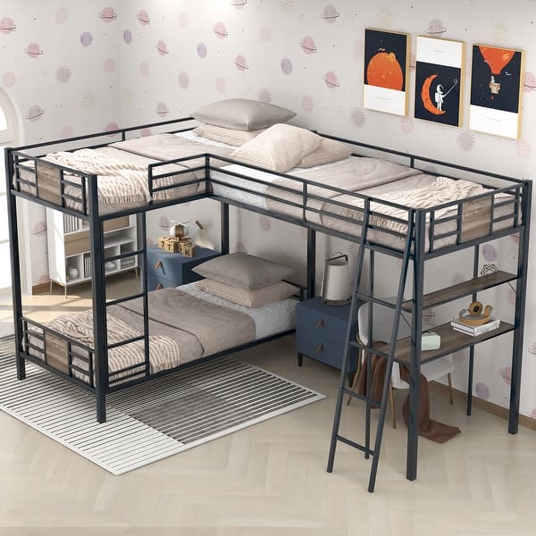 slide 2 of 11, L-Shaped Twin Over Twin Bunk Bed with Loft Bed Featuring Built-In Desk and Shelving, Durable Metal Brown
