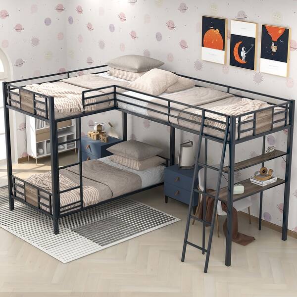 slide 2 of 11, Modern L-Shaped Twin Size Triple Bunk Bed with Desk and Shelf, Brown Brown