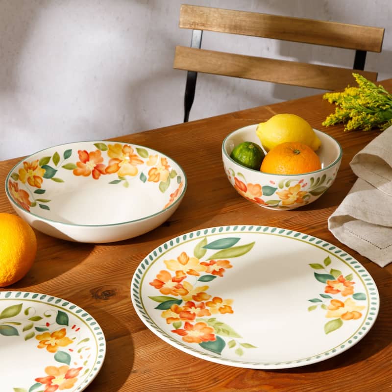 Bloomhouse Aster 16 Piece Double Bowl Hand Painted Stoneware Plates and Bowls Floral Dinnerware Set