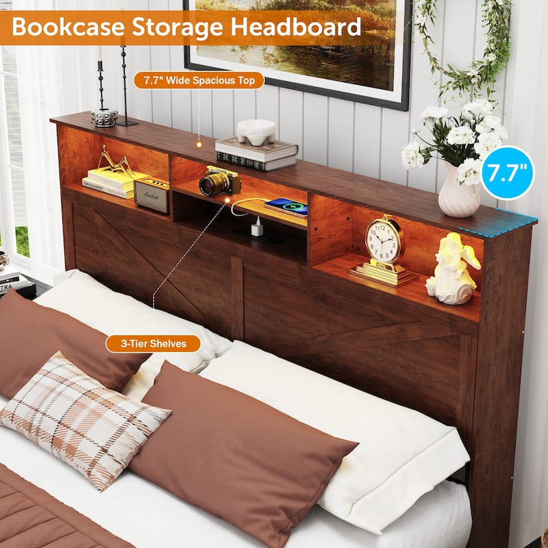 Farmhouse Storage Bed Frame with Storage Headboard, Charging Station and LED Lights, Optional Platform Bed with Drawers