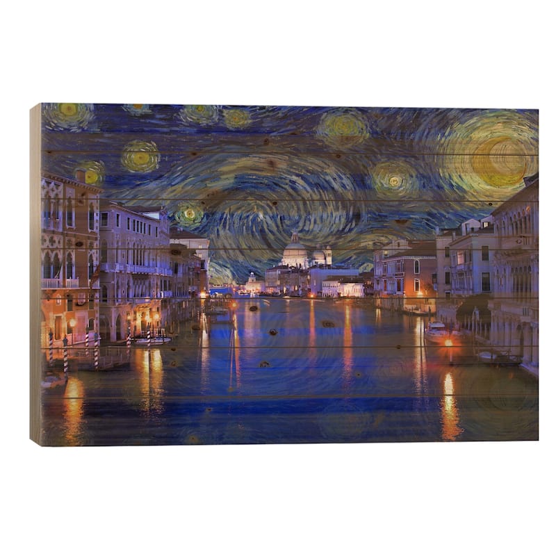 Venice, Italy Starry Night Skyline Print On Wood by 5by5collective - Multi-Color - 18x26x1.5