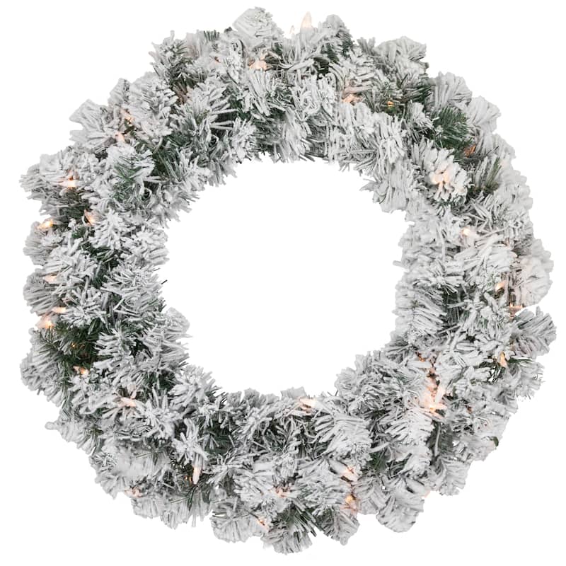 Heavily Flocked Madison Pine Artificial Wreath 24" Clear Lights