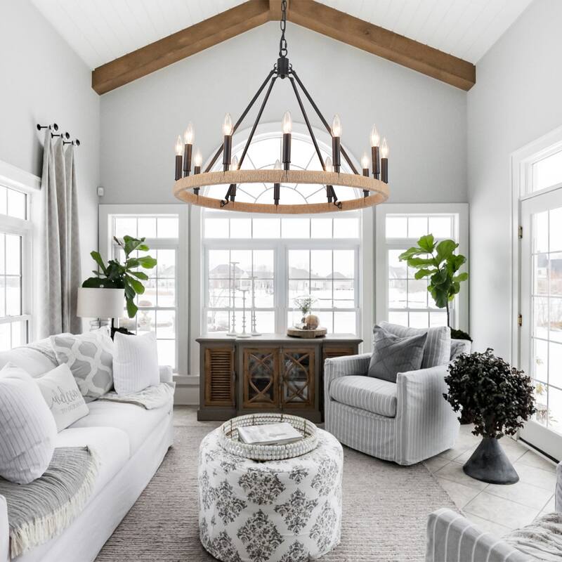 12-Light W26.77" x H78.74" Hemp Rope Wagon Wheel Chandelier for Living Room