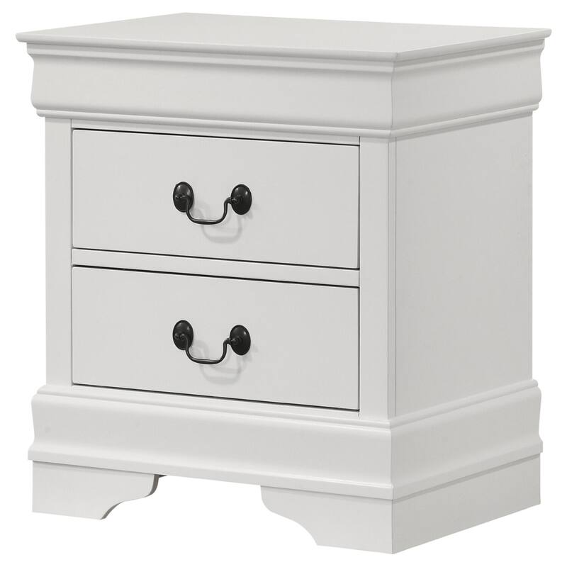 White Transitional 2-Drawer Nightstand with Molded Trim, Bracket Feet, Hanging Pulls and Smooth Glide Drawers