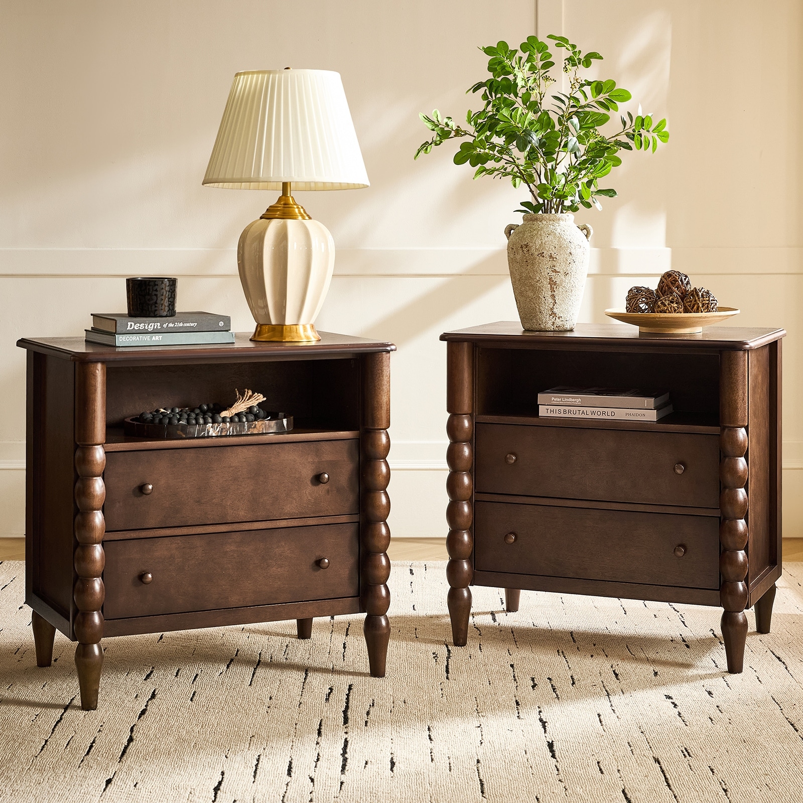 Alex Transitional 28"W 2-Drawer Spindle-Style Solid Wood End Table with Charging Station and USB Ports Set of 2 By HULALA HOME