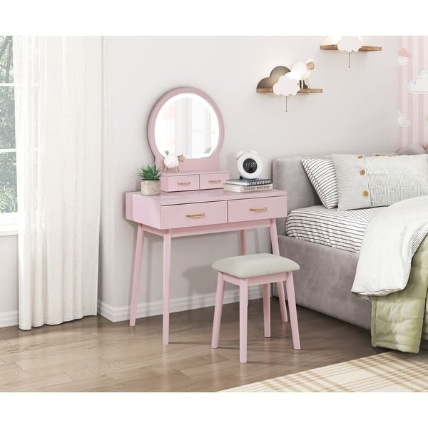 pink dresser with mirror RoyalCraft 59" Makeup Vanity Desk, Vanity for Girls and Women Combining minimalist and victorian styles Ebern Designs Pink Modern Flip