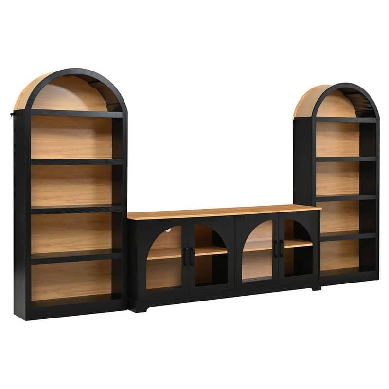 Farmhouse 3-Piece TV Stand Set for TVs Up to 70", Entertainment Center with Arched Sideboard and Glass Doors for Living Room
