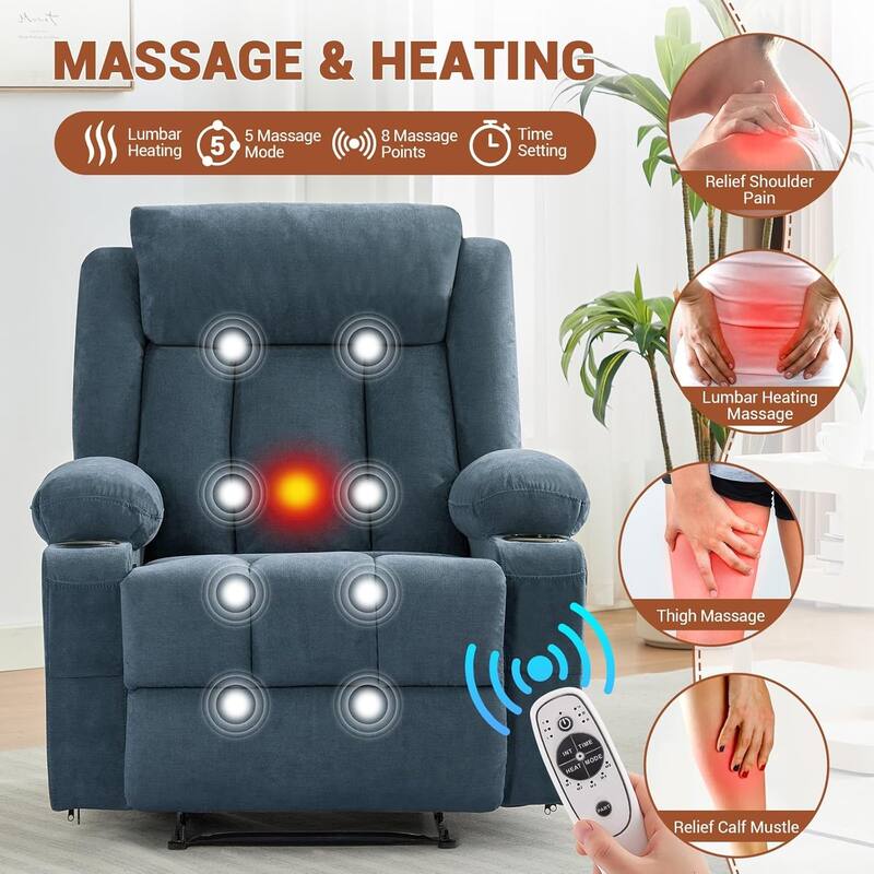 Oversized Manual Recliner Chair with Vibration Massage and Heat, Classic Overstuffed Deep Seat Sofa