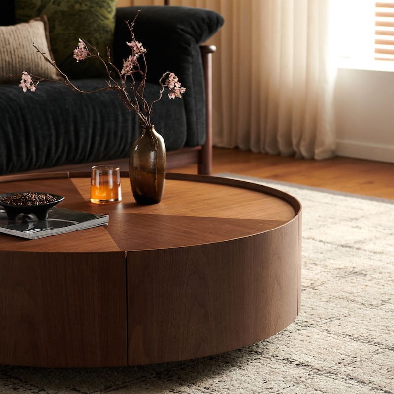 Circular Walnut Design Coffee Table with Drawers for