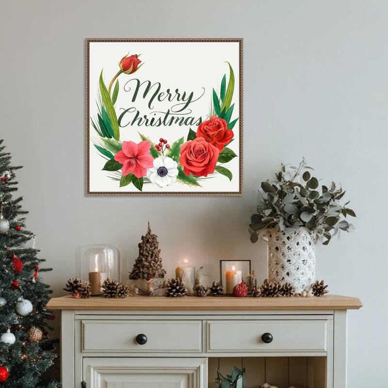 Christmas Flora Wreath I by Grace Popp (22 x 22 in.), Framed Canvas Wall Art Print - Sylvie Beaded Dark Gold