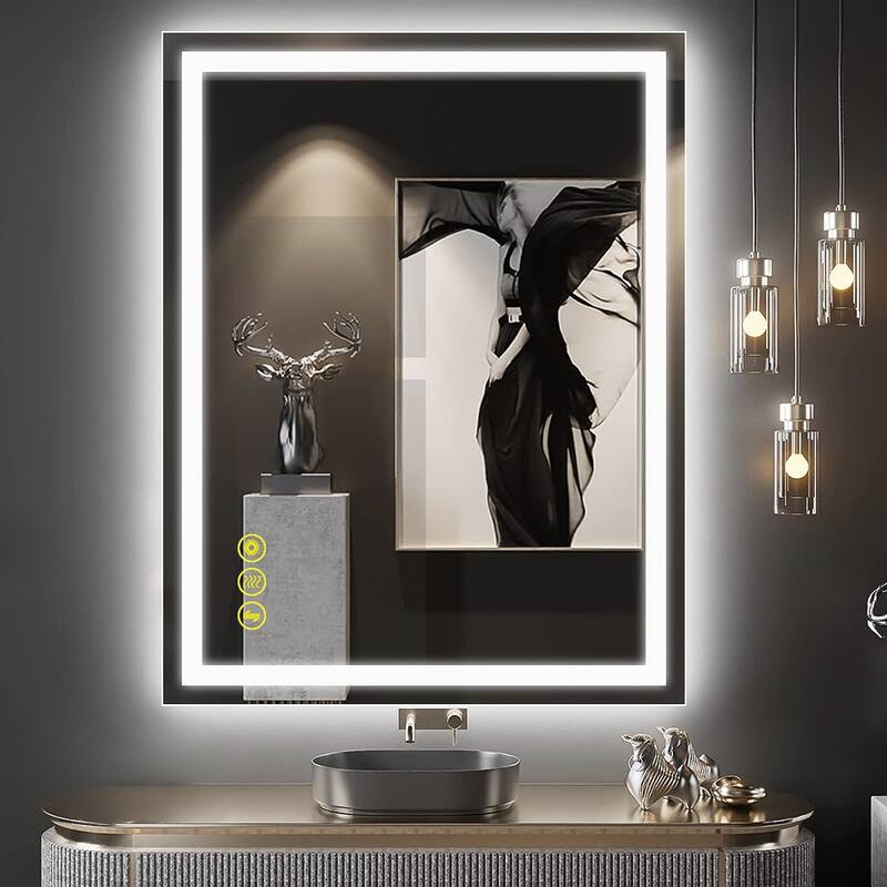 GlareGuard 28x36" Rectangular Anti-Fog Dimmable Backlit LED Bathroom Vanity Mirror - Clear