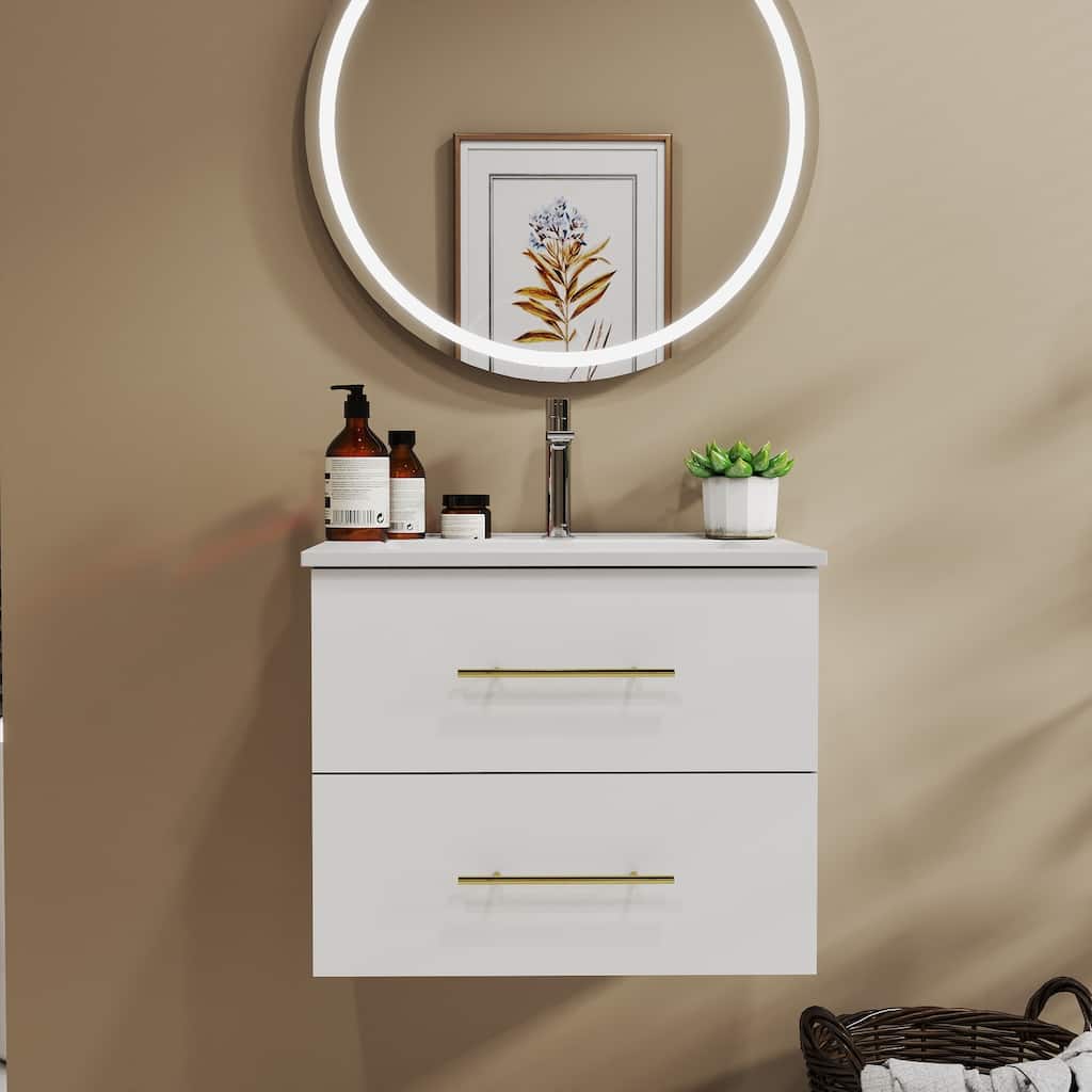 24-Inch Wall-Mounted Bathroom Vanity with Sink Combo,Double Drawers, Ceramic Basin, Easy Assemble,2 Storage Drawers