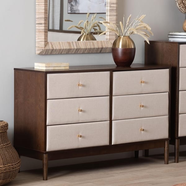 Nikolai Mid-Century Beige Fabric and Wenge Brown Wood 6-Drawer Dresser - Beige/Wenge Brown