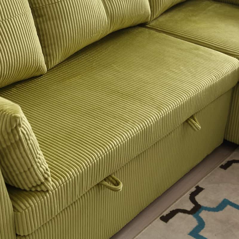 Green 81.1'' Corduroy L-Shaped 3-Seater Sofa with Reversible Chaise, Storage, and Solid Wood Frame