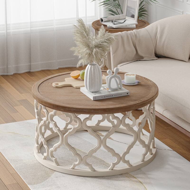 COZAYH Farmhouse End Table, Distressed Tray Top Coffee Table with Curved Motif Frame Base for Boho, Rustic, French Country - Coffee Table