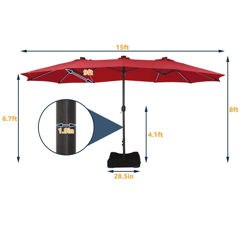 Clihome 15Ft Outdoor Solar Lights Rectangular Crank Market Umbrella, with Base