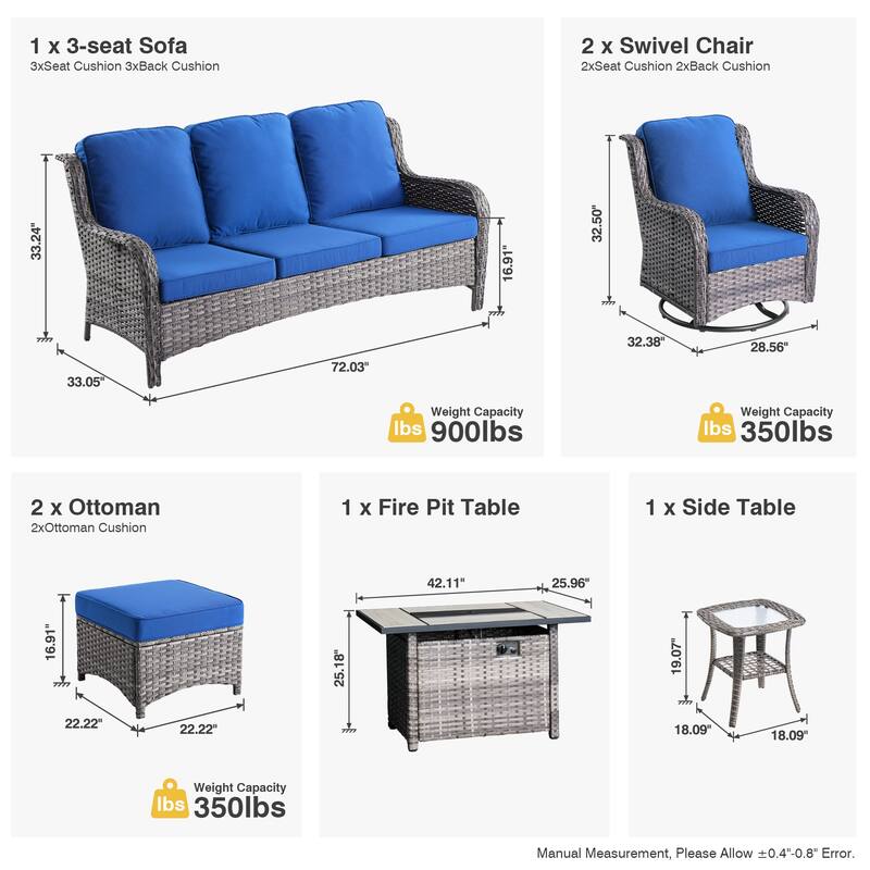 OVIOS 7-piece Patio Swivel Chair Set with 42" Fire Table