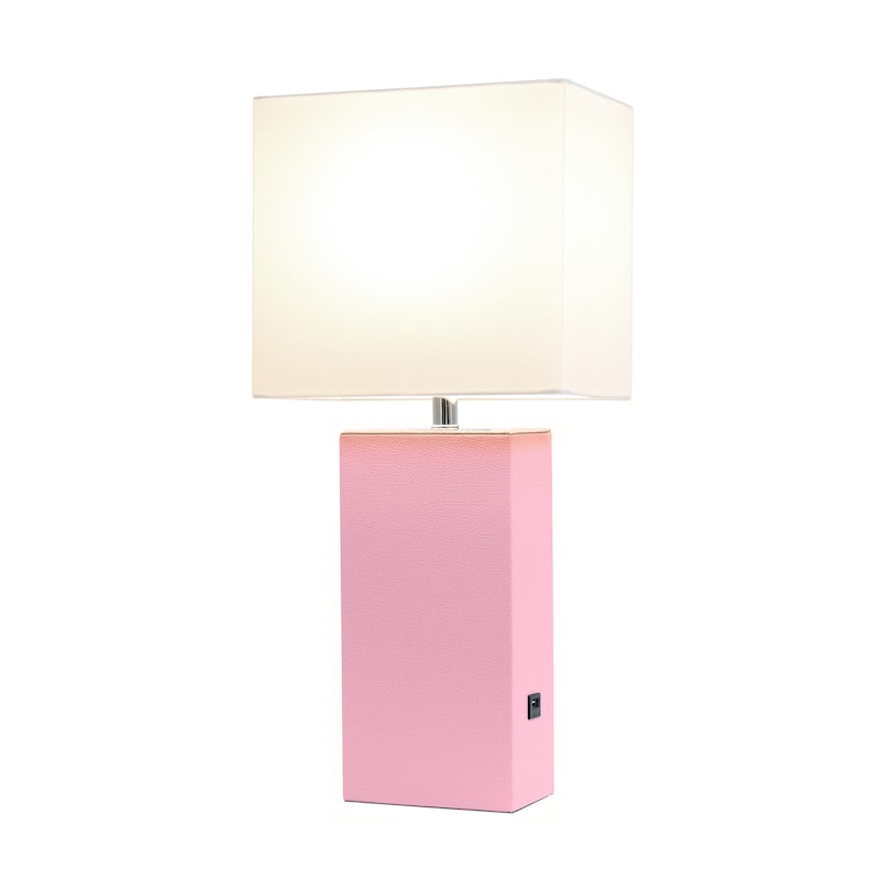 Modern Leather Table Lamp with USB and White Fabric Shade