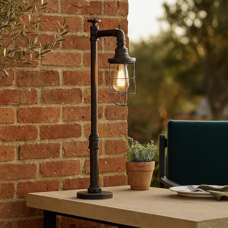 29 Inch Table Lamp, Dome Shade, Industrial Pipe Design, Rustic Bronze