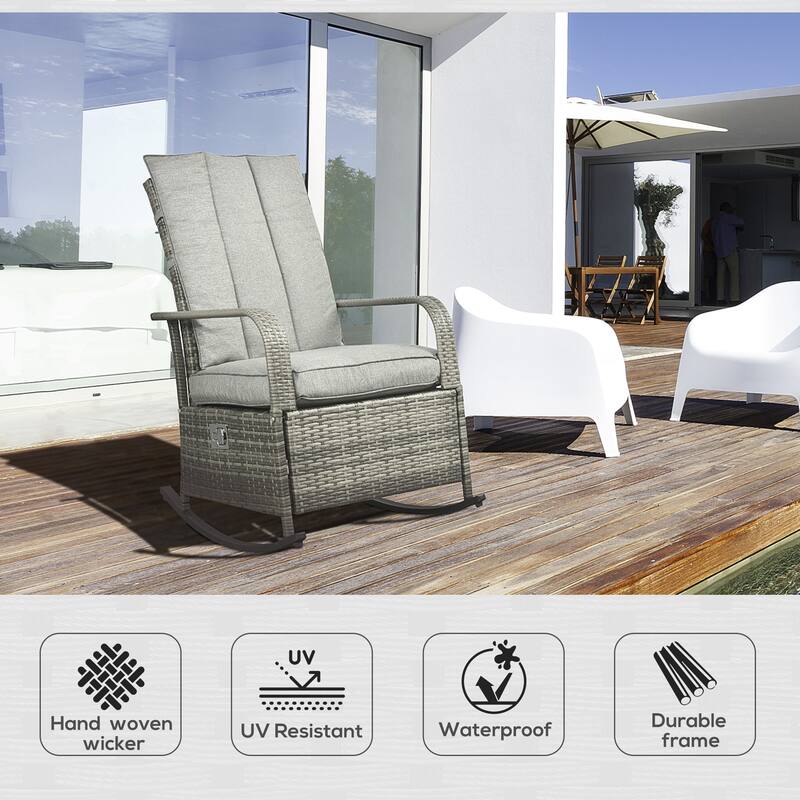 Outsunny Outdoor Rattan Rocking Chair Patio Recliner with Soft Cushions, Adjustable Footrest - Gray