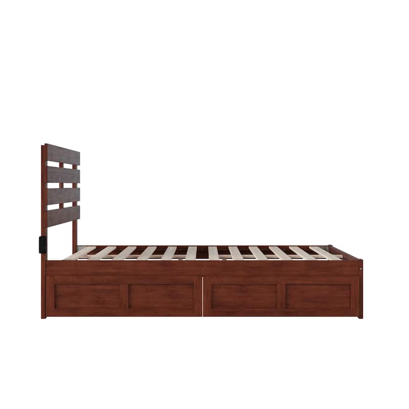 Full Walnut Platform Bed with USB Turbo Charger, Two Rolling Storage Drawers, and Durable Slat Support