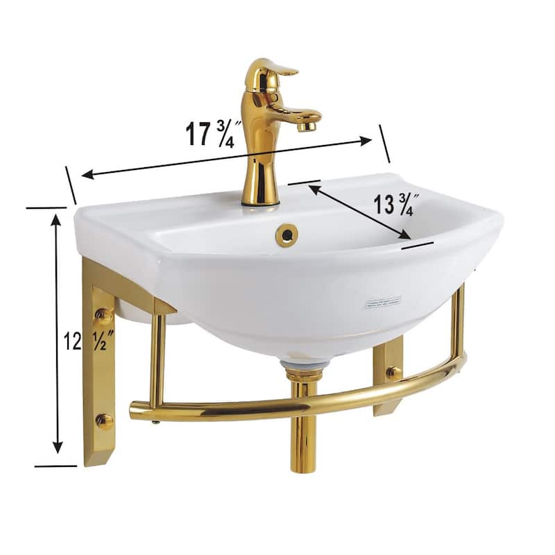 White Ceramic Wall Mount Bathroom Sink with Brass Faucet and Sink Drain