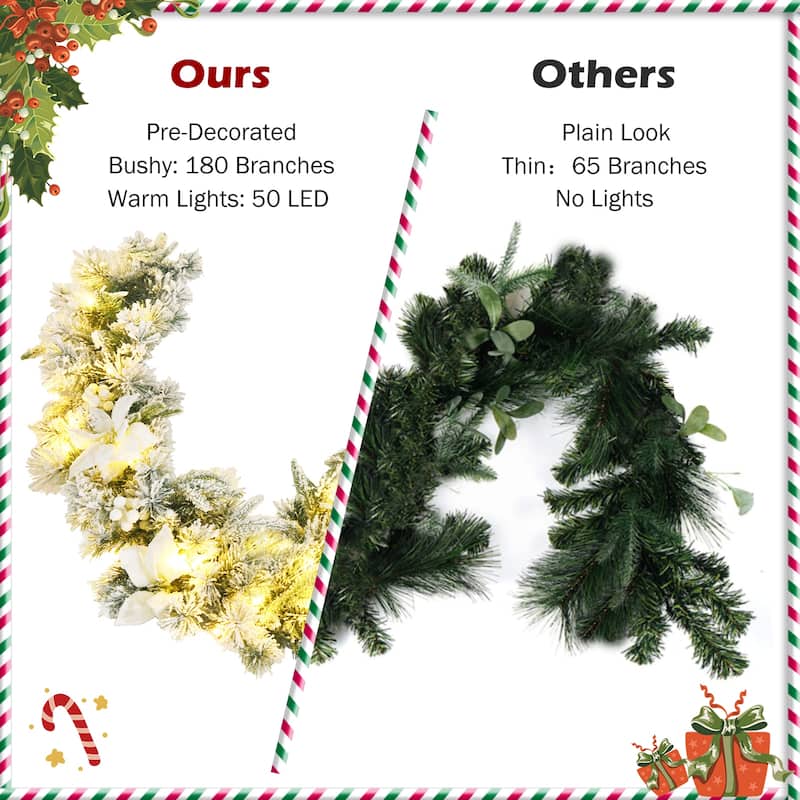 Costway 9ft Pre-lit Snowy Christmas Garland w/ Berries Poinsettia - See Details