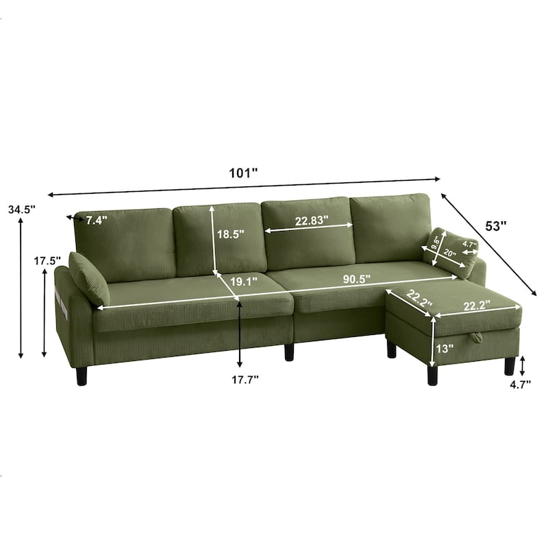 100.79" Corduroy L shaped Pillow Top Arm Sofa With Storage Bag