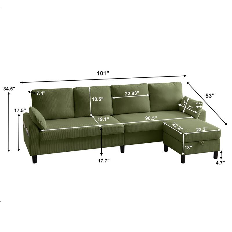 101" Corduroy U Shaped Sectional Sofa with Storage Ottoman