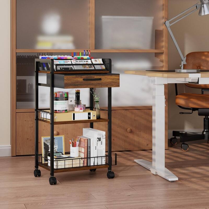 Metal Utility Cart with Storage Drawer and Wheels - 34.7"D x 9.3"W x 16.9"H
