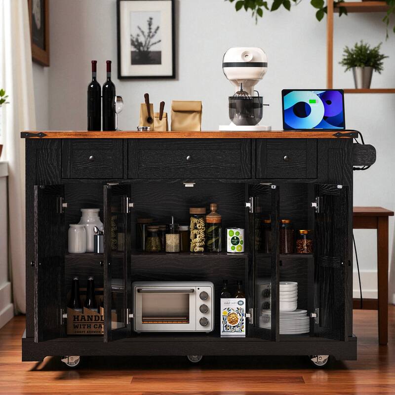 53" Farmhouse Kitchen Island with Drop Leaf & Power Outlet, Rolling Kitchen Cart with Glass Doors, 5 Side Racks & 3 Drawers