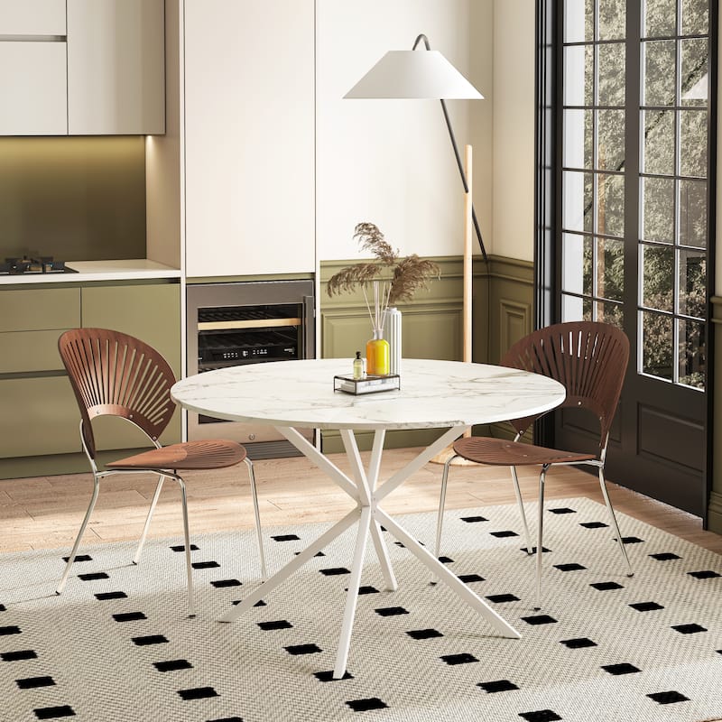 47.24" Modern Cross Leg Round Dining Table, White Marble Top Occasional Table