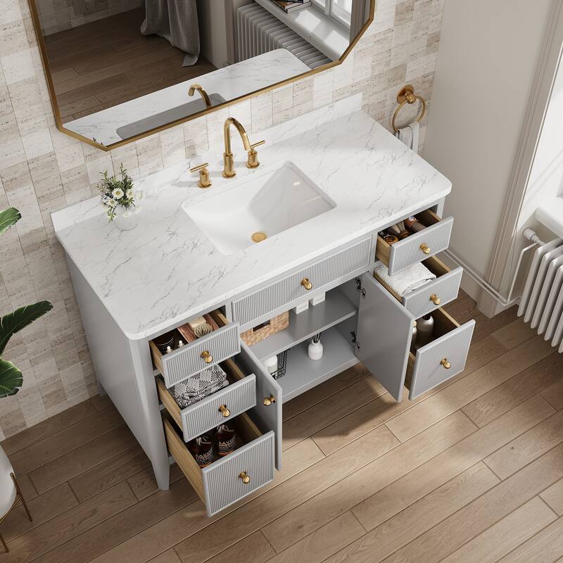 Modland 48" Bathroom Vanity with Sink, Soft Close Drawers & Doors, Carrara Marble Top, Fully Assembled - 48 inch