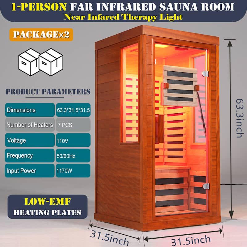 One Person Indoor Low EMF Infrared Sauna Okoume Wood with Bluetooth Red Light Therapy - N/A