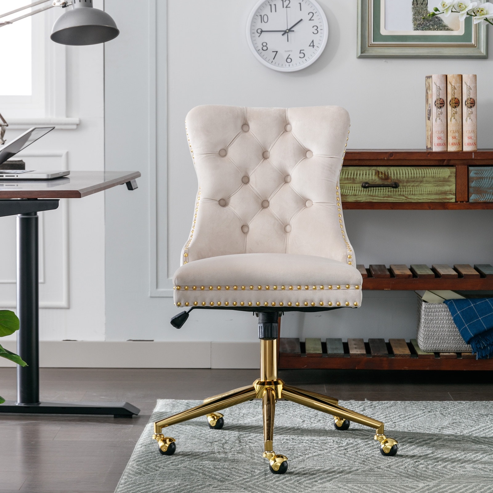 Office Chair, Velvet Upholstered Tufted Button Home Office Chair with Golden Metal Base, Adjustable Desk Chair