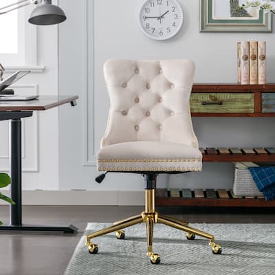 Velvet Upholstered Tufted Button Home Office Chair with Golden Metal Base,Adjustable Desk Chair Swivel Office Chair