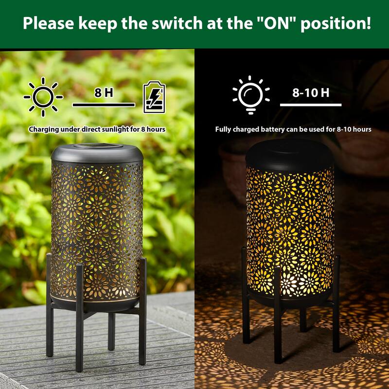 Glitzhome 14.25"H Set of 2 Metal Flower Cutout Solar Lanterns Floor Lantern