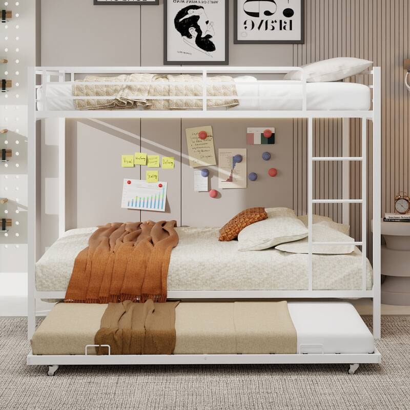 Durable Square Tube Iron Bunk Bed Featuring Safety Rails - White