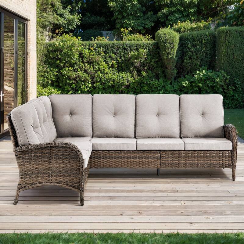 Outdoor Sectional Furniture Sofa Set with Thick Cushions - Brown - Beige