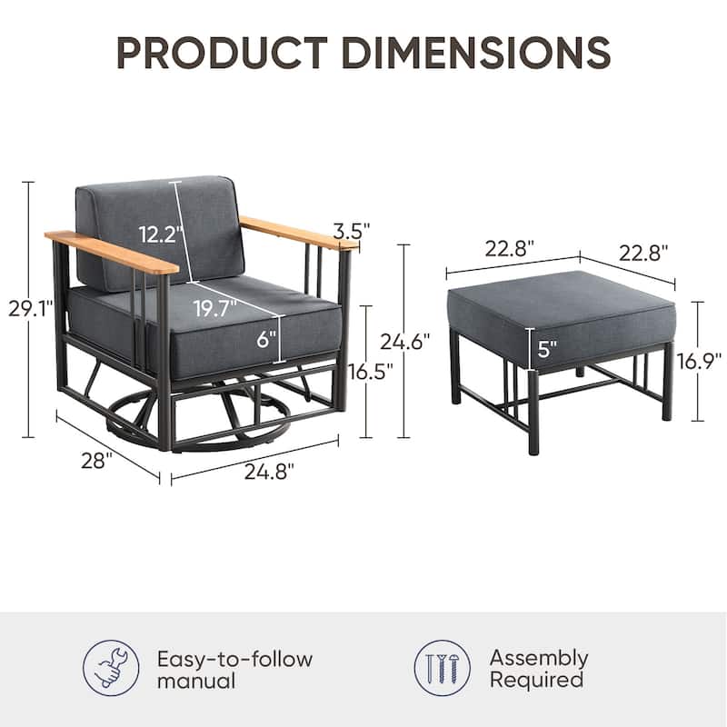 Puffin 4-Piece Metal Frame Outdoor Swivel Gliding Chairs with 6-Inch Cushions and Ottomans
