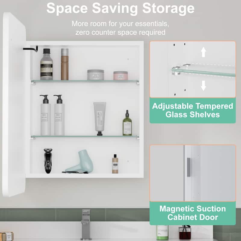 Milo LED Iron Medicine Cabinet with Mirror, Dimmable, Anti-fog, Adjustable Glass Shelves, Recessed or Surface Mount